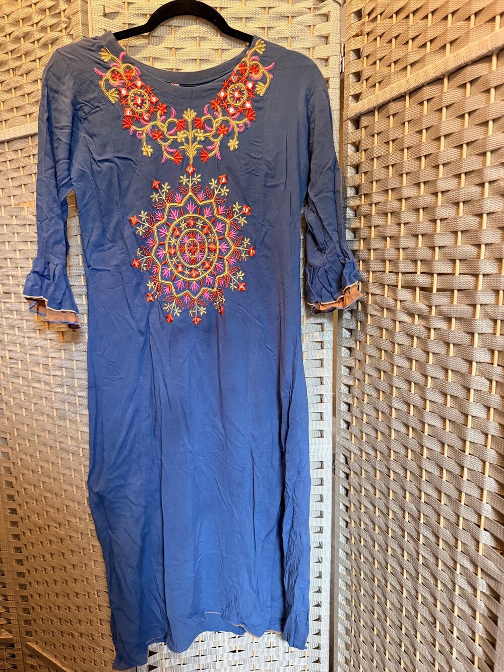 Women's 42 Blue Embroidered Boho Maxi Dress Bell Sleeve Ethnic Festival